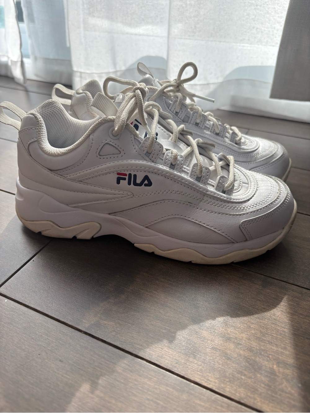 FILA Women’s White Leather Chunky Lace-Up Sneakers with Navy & Red Logo